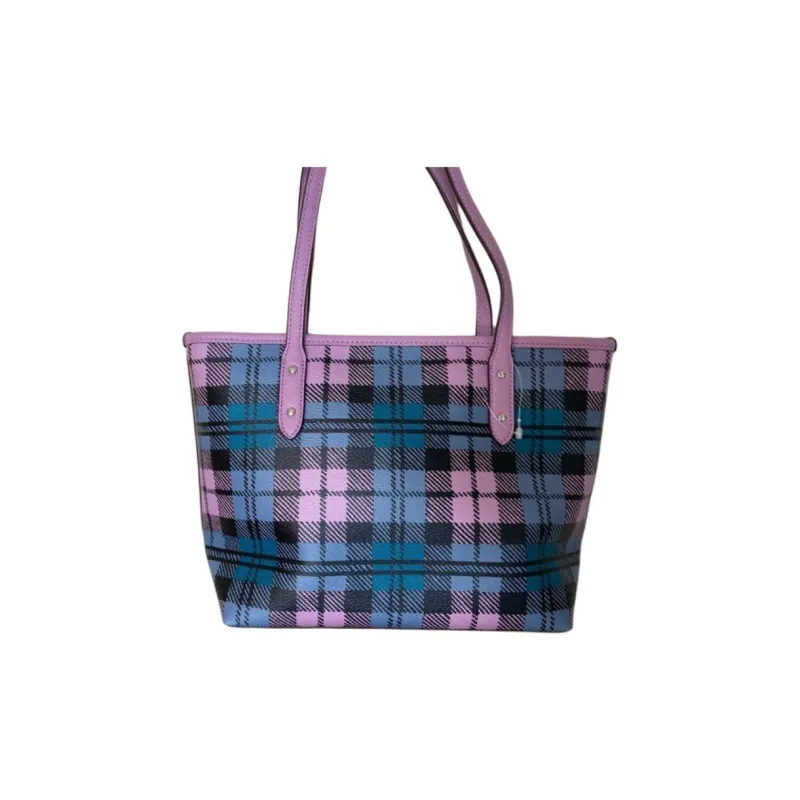 COACH City Zip Tote Coated Canvas Shoulder Bag Small Size Women's Purple Blue Plaid-1