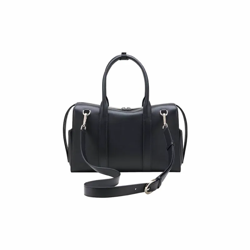 PECO Cow Leather Handbag, Bowling Bag Unisex Black/Brown-4