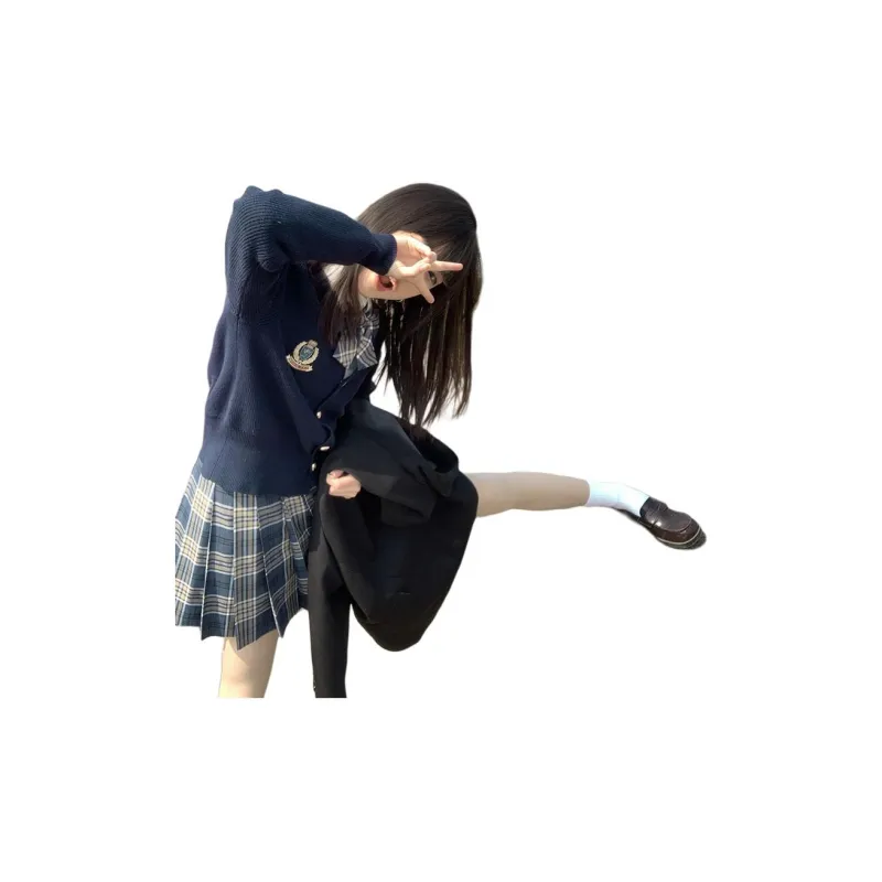 Tokyo Season Uniforms Women's Dark Blue Sweater+Yellow Green Plaid Skirt, Comes With Free Shirt+Boxer-2