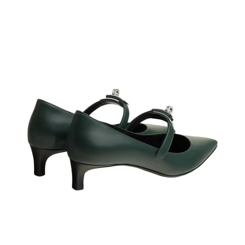 HERMES Kiara Slim Heel High Heels 4cm Women's Dark Green-3