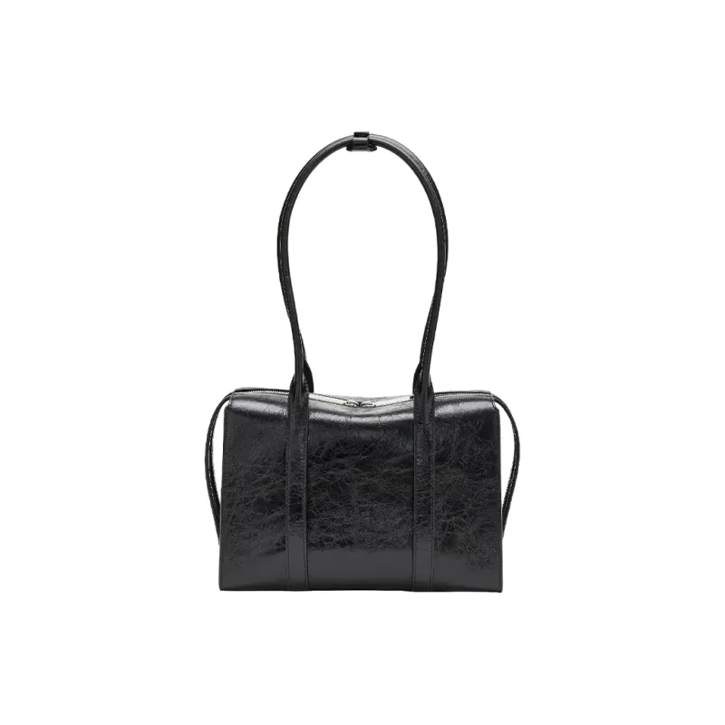 PECO Cow Leather Long Handle Commute Handbag, Vintage Bowling Bag Unisex Classic Black/Mocha-4