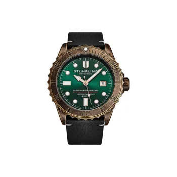 STUHRLING Diver Collection Wrist Watch Automatic Mechanical Movement Leather Watch Bands 44mm Green Dial Men's Watches