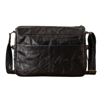 Back Step Top Grain Cow Leather Messenger Bag Shoulder Bag Crossbody Bag Unisex Black