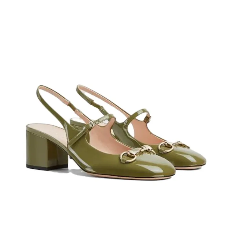 GUCCI Horsebit Chunky Heel High Heels 5.3cm Women's Green-2