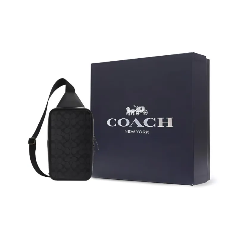 COACH Cow Leather One Shoulder Crossbody Sling Bags Small Size Men's Black Gray Color-6