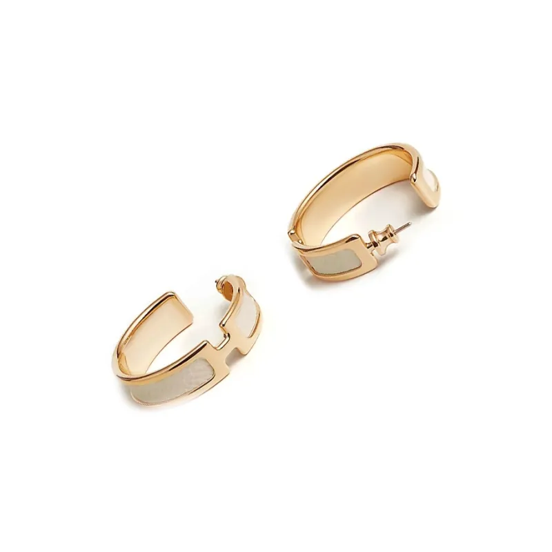 HERMES Calfskin Gold-Plated Earrings Women's White-2