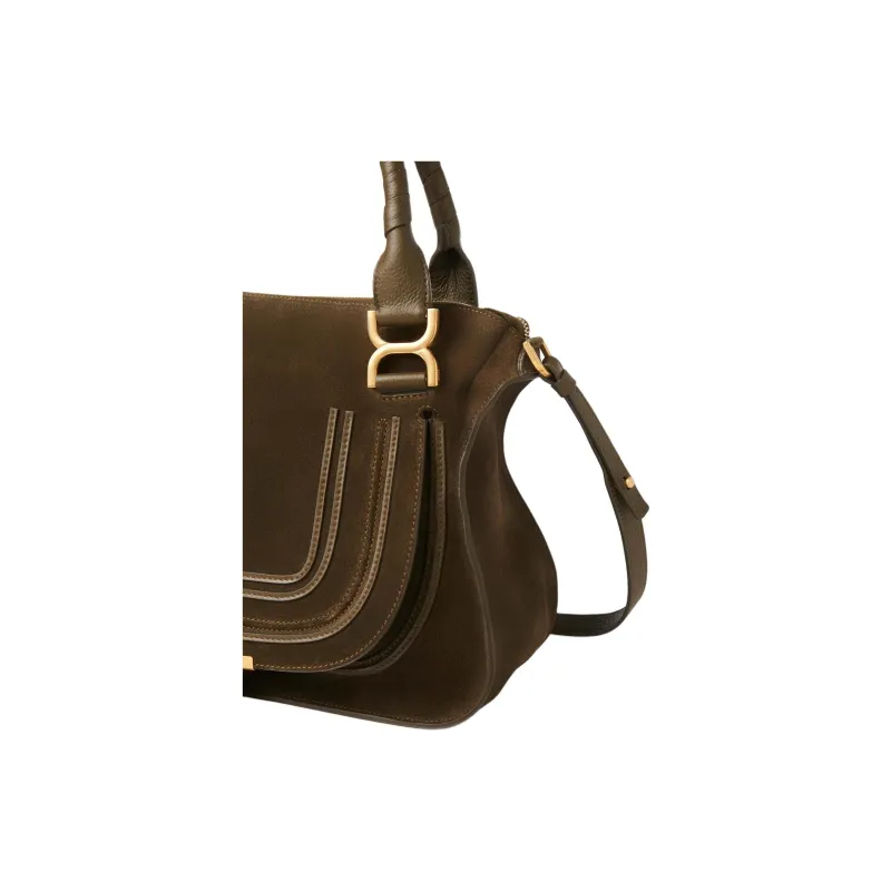 Chloe Marcie Suede Studded Calfskin Shoulder Bag Crossbody Bag Handbag Medium Size Women's Olive Green-2