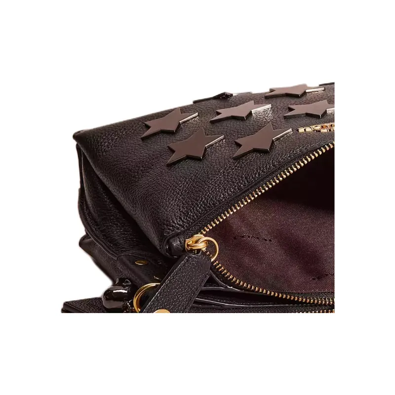 COACH Zip Shoulder Bag Pebbled Leather Portable Crossbody Bag Shoulder Bag Large Size Women's Black-4