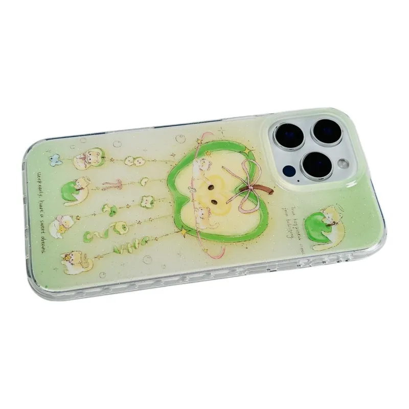 Wei Xin Acrylic Material Glitter Green Apple Kitten Pendant Phone Cases Compatible With IPhone 16/15/13/14/Pro/Ma-5