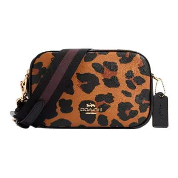 COACH Jes Coated Canvas With Leather Camera Bag, Shoulder Bag, Crossbody Bag Trumpets Women's Black Leopard Print