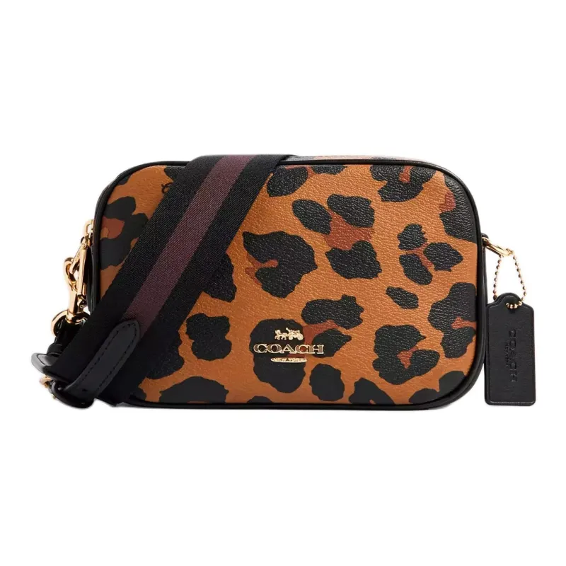 COACH Jes Coated Canvas With Leather Camera Bag, Shoulder Bag, Crossbody Bag Trumpets Women's Black Leopard Print-0