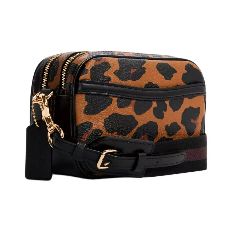 COACH Jes Coated Canvas With Leather Camera Bag, Shoulder Bag, Crossbody Bag Trumpets Women's Black Leopard Print-1