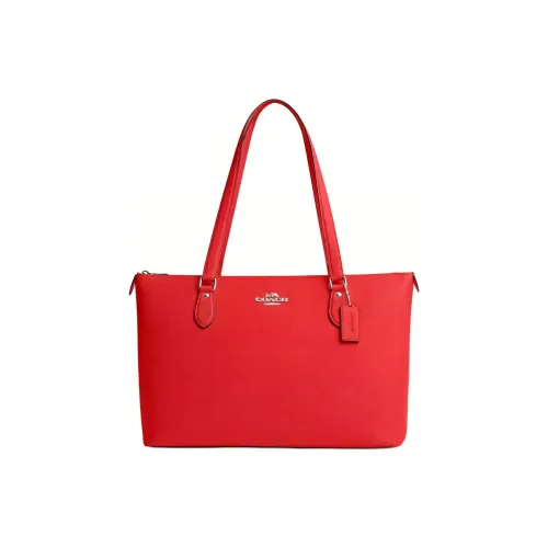 COACH Gallery Cross Grain Leather Tote Bag, Shopping Bag, Shoulder Bag, Handbag Large Size Women's Silver & Miami Red