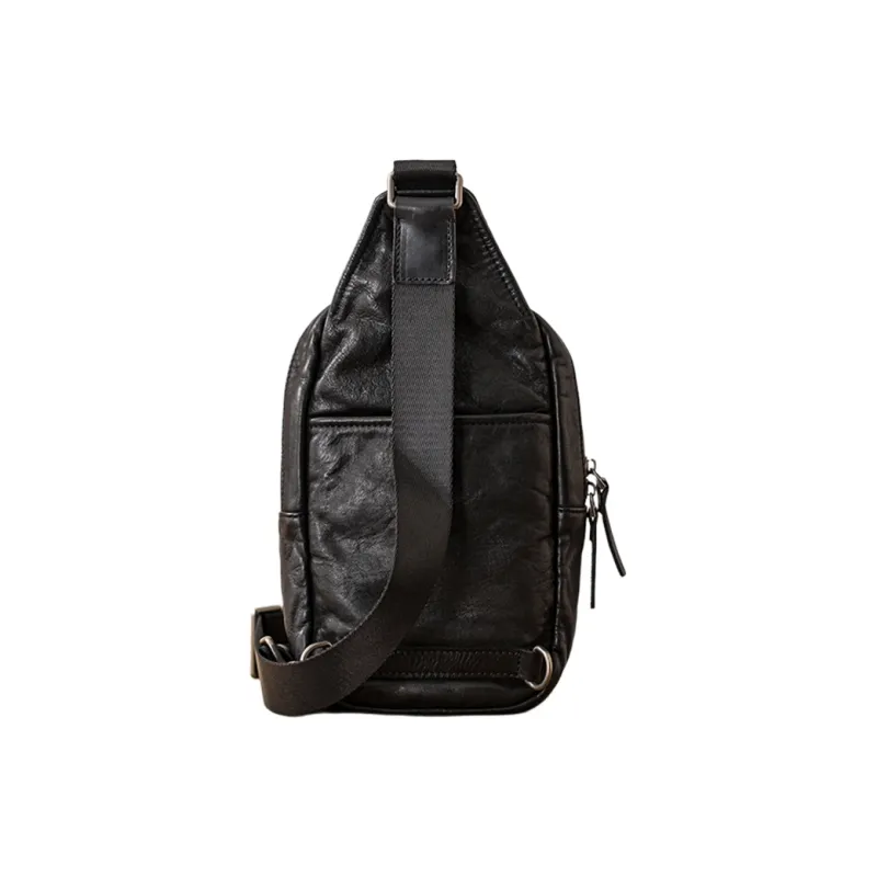 Back Step Top Grain Cow Leather Sling Bag Small Size Unisex Black-3
