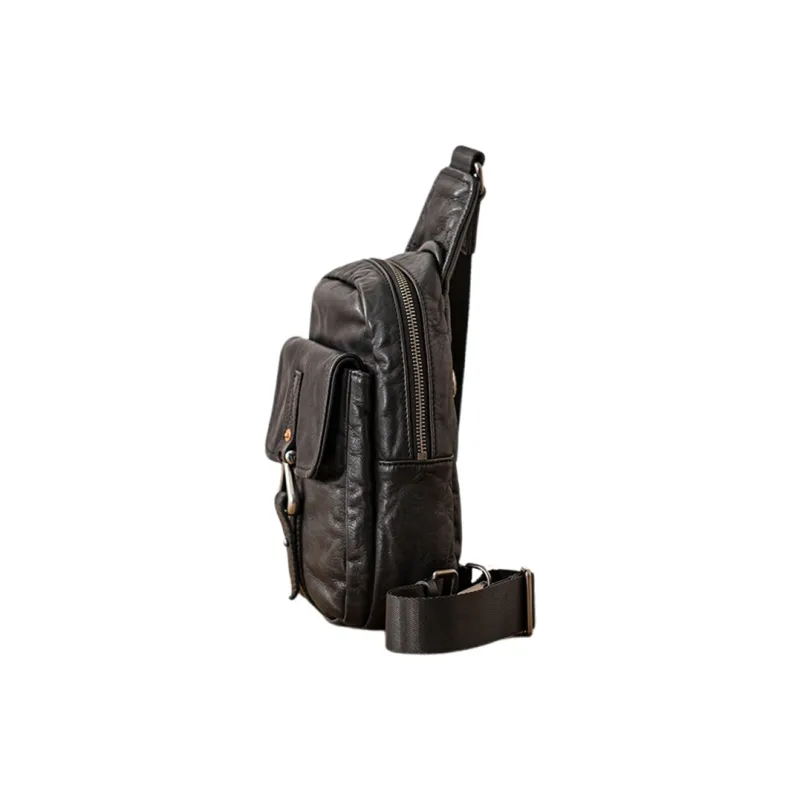 Back Step Top Grain Cow Leather Sling Bag Small Size Unisex Black-2