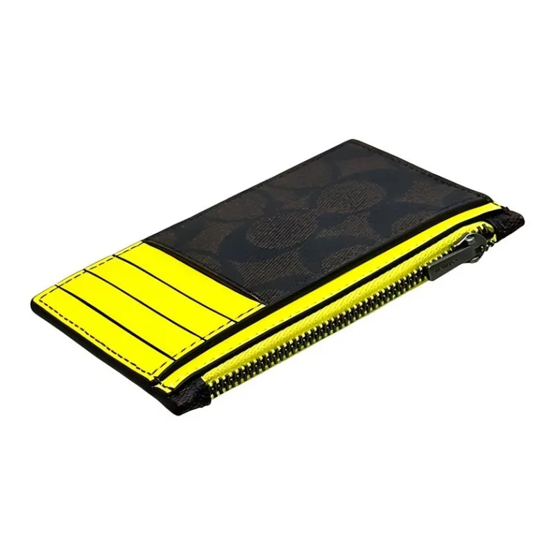 COACH Card Case Canvas With Calfskin Wallets Card Holders Men's Mahogany Bright Yellow-3