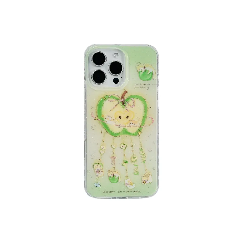Wei Xin Acrylic Material Glitter Green Apple Kitten Pendant Phone Cases Compatible With IPhone 16/15/13/14/Pro/Ma-2