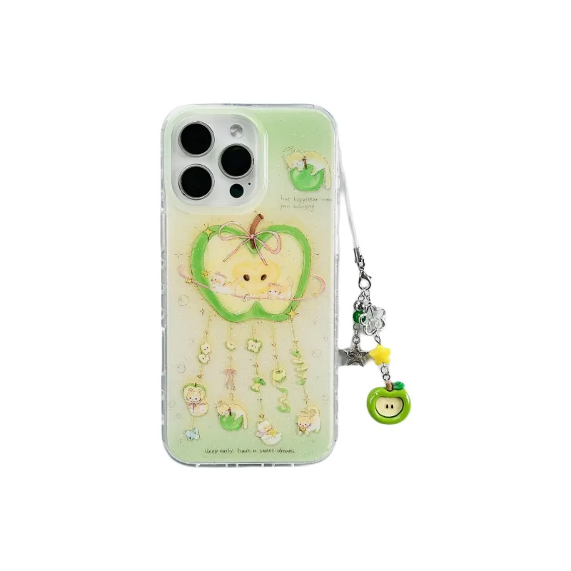 Wei Xin Acrylic Material Glitter Green Apple Kitten Pendant Phone Cases Compatible With IPhone 16/15/13/14/Pro/Ma-1