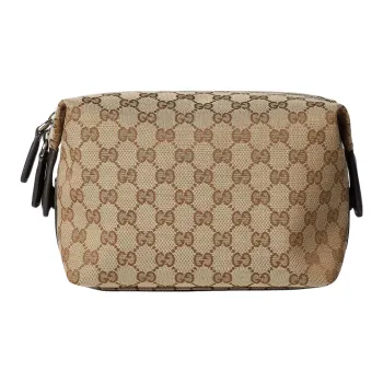 GUCCI Canvas Toiletry Bag Small Size Men's Beige & Dark Brown