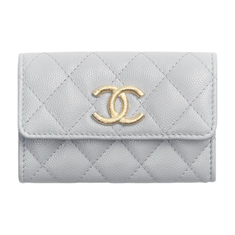 CHANEL Grain Embossed Calfskin Card Holder Women's Gray-0