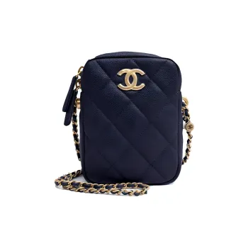 CHANEL 21K Winter Grain Embossed Calfskin Cell Phone Pouch, Box Bag, Shoulder Bag, Crossbody Bag Women's Marine Blue