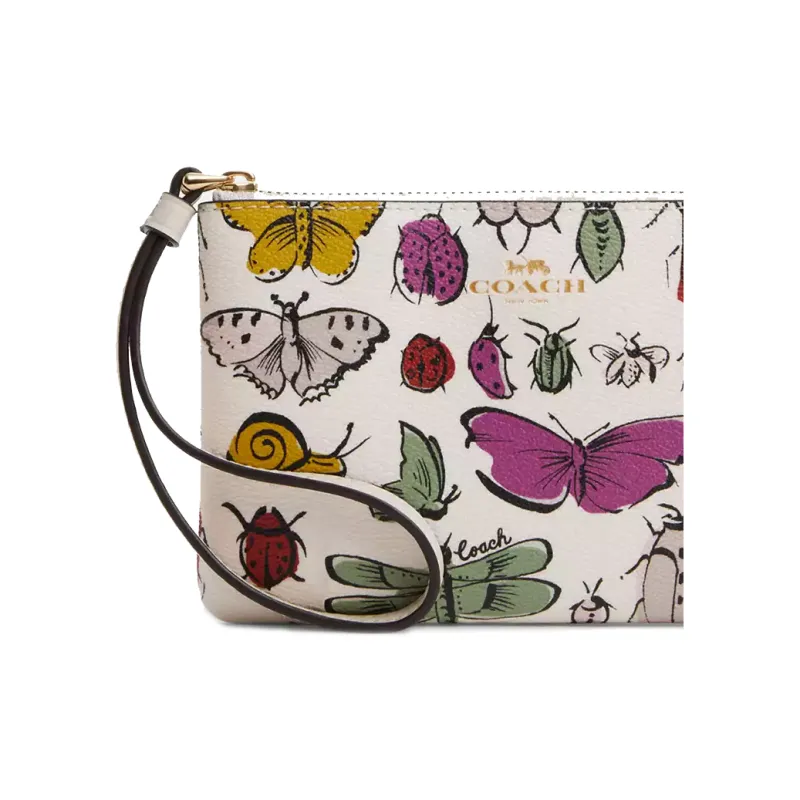 COACH Corner Zip Coated Canvas With Recycled Leather Wallets Clutches Small Size Women's Gold & Chalk Multicolor-2