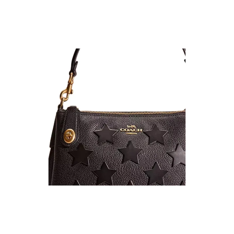 COACH Zip Shoulder Bag Pebbled Leather Portable Crossbody Bag Shoulder Bag Large Size Women's Black-3