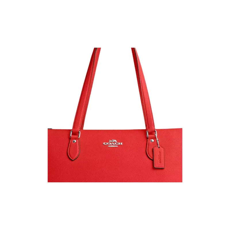 COACH Gallery Cross Grain Leather Tote Bag, Shopping Bag, Shoulder Bag, Handbag Large Size Women's Silver & Miami Red-4
