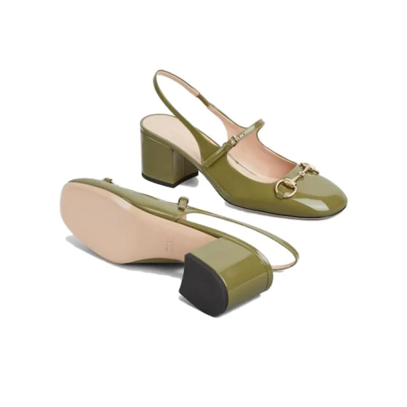 GUCCI Horsebit Chunky Heel High Heels 5.3cm Women's Green-5