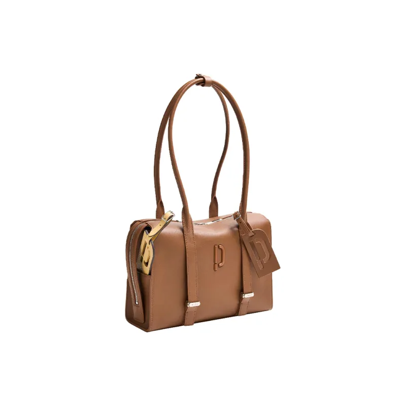 PECO Cow Leather Long Handle Commute Handbag, Vintage Bowling Bag Unisex Classic Black/Mocha-8