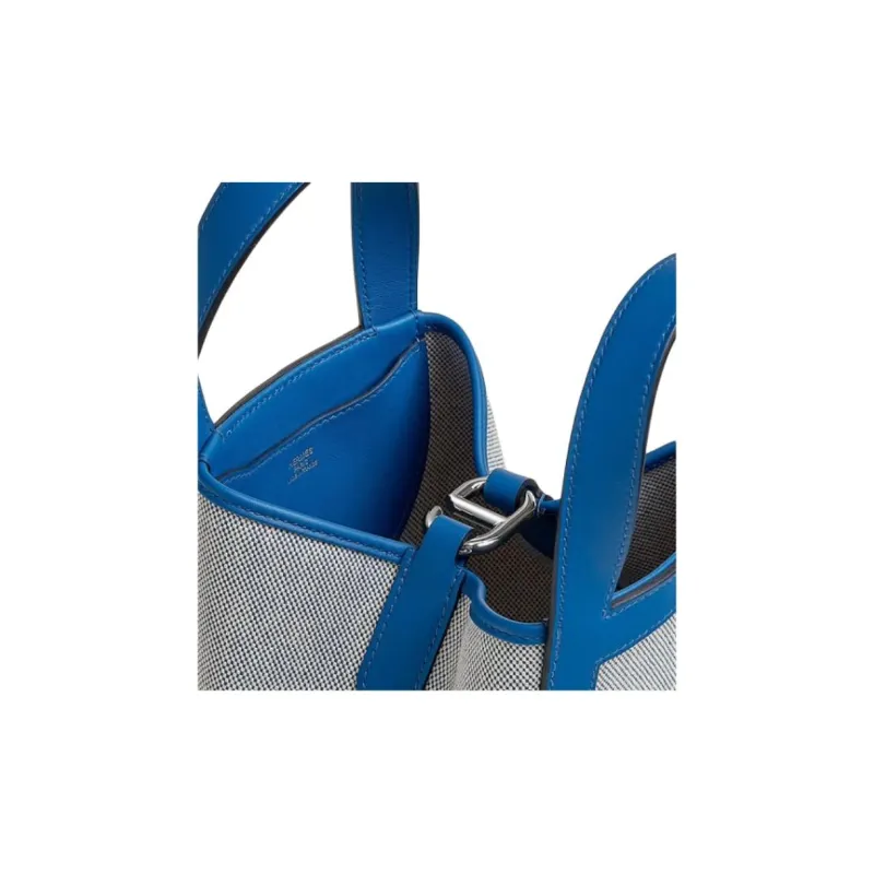HERMES In The Loop Canvas With Swift Calfskin Vegetable Basket Pig Nose Bucket Bags Handbags Women's Blue & Gray-6