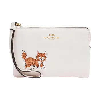 COACH Corner Zip Refined Pebble Leather Wrist Bag Coin Purse Clutch Small Size Women's Chalk White