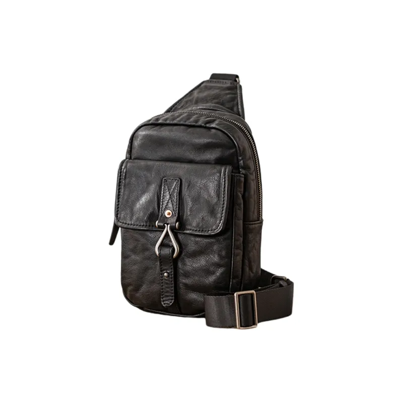 Back Step Top Grain Cow Leather Sling Bag Small Size Unisex Black-1