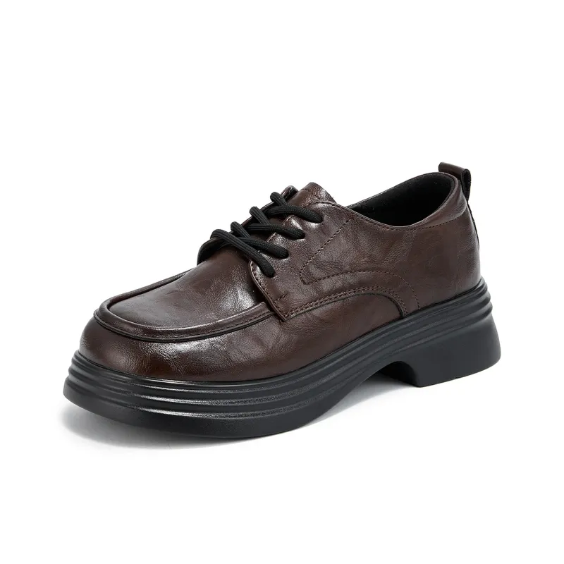 La Chapelle Vintage British Style Small Leather Shoes Casual Single Shoes Women's Brown-0