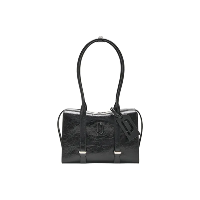 PECO Cow Leather Long Handle Commute Handbag, Vintage Bowling Bag Unisex Classic Black/Mocha-1