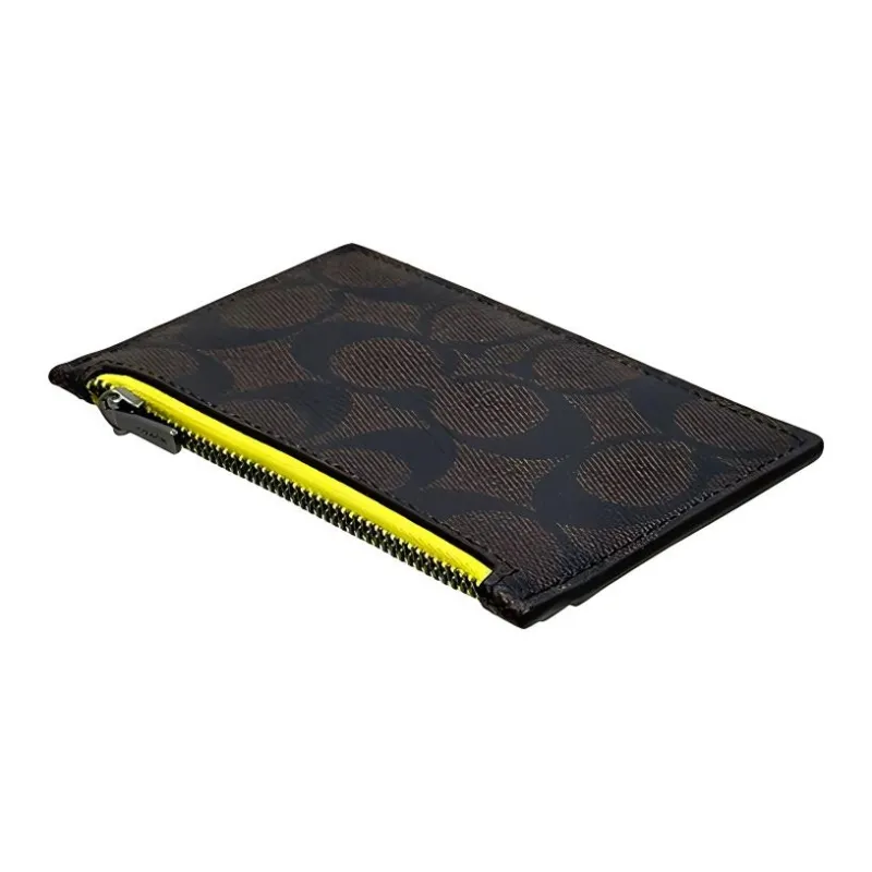 COACH Card Case Canvas With Calfskin Wallets Card Holders Men's Mahogany Bright Yellow-2
