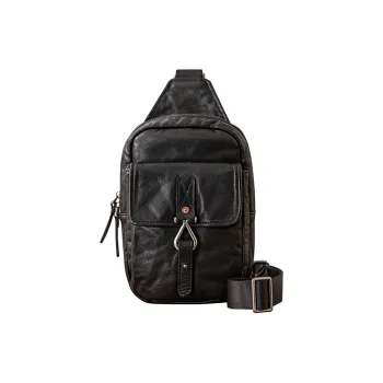Back Step Top Grain Cow Leather Sling Bag Small Size Unisex Black