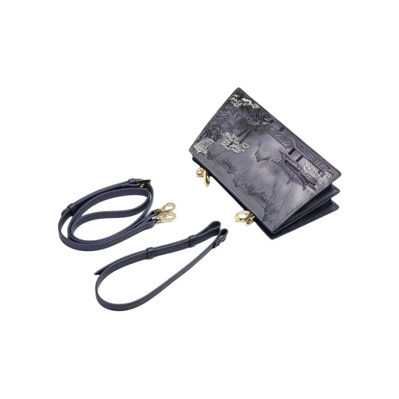 Ancient Yi Xi Cow Leather Cheongsam Shoulder Bag Crossbody Bag Medium Size Women's Dark Blue-4