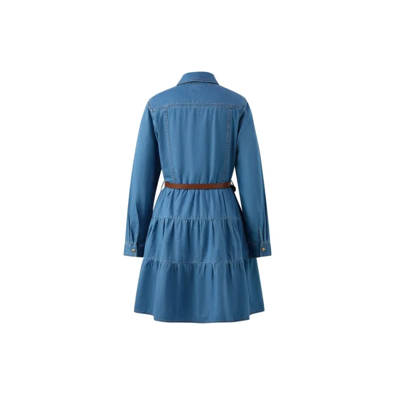 E.land Long-Sleeved Dresses Women's Light Denim Blue-3