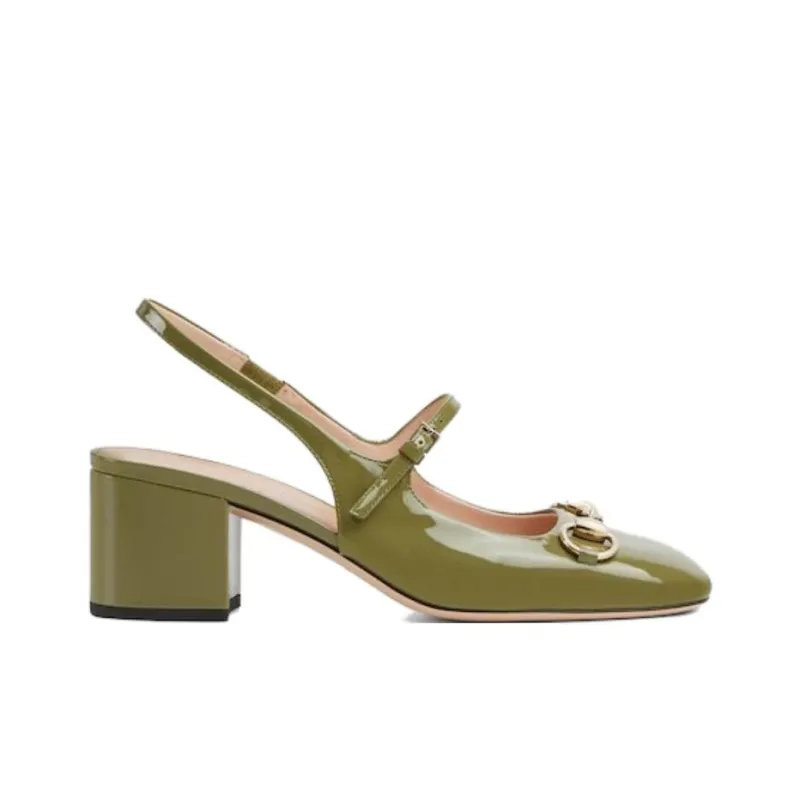 GUCCI Horsebit Chunky Heel High Heels 5.3cm Women's Green-1