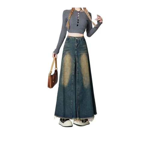 Alxnan Denim Long Skirts Women's Vintage Blue