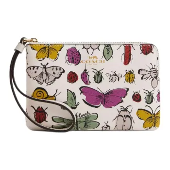 COACH Corner Zip Coated Canvas With Recycled Leather Wallets Clutches Small Size Women's Gold & Chalk Multicolor
