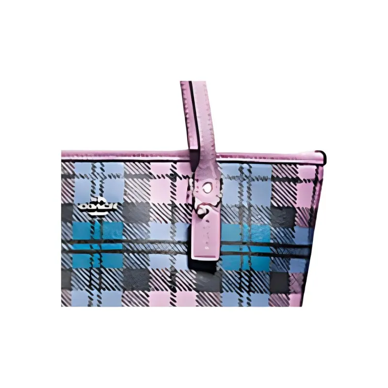 COACH City Zip Tote Coated Canvas Shoulder Bag Small Size Women's Purple Blue Plaid-3