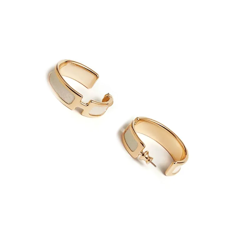 HERMES Calfskin Gold-Plated Earrings Women's White-1