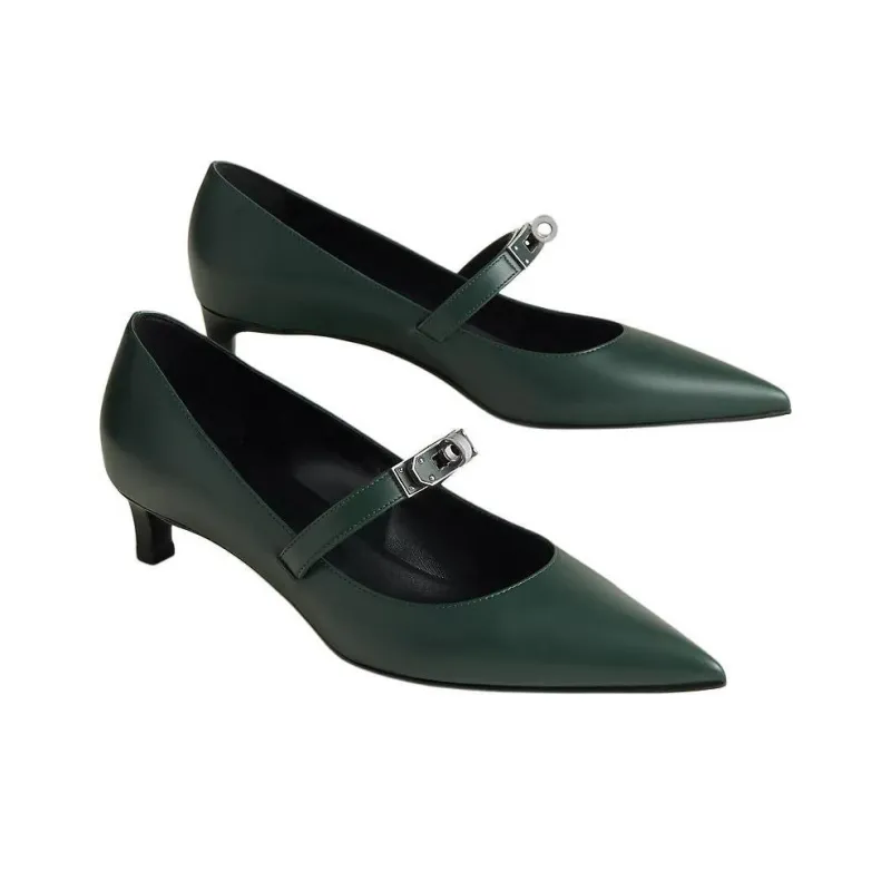 HERMES Kiara Slim Heel High Heels 4cm Women's Dark Green-2