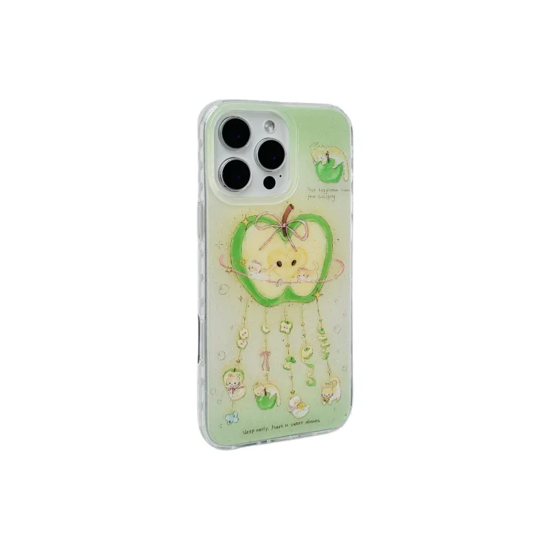 Wei Xin Acrylic Material Glitter Green Apple Kitten Pendant Phone Cases Compatible With IPhone 16/15/13/14/Pro/Ma-3