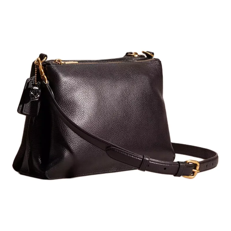 COACH Zip Shoulder Bag Pebbled Leather Portable Crossbody Bag Shoulder Bag Large Size Women's Black-1