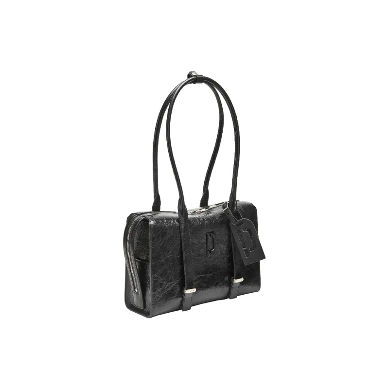 PECO Cow Leather Long Handle Commute Handbag, Vintage Bowling Bag Unisex Classic Black/Mocha-3