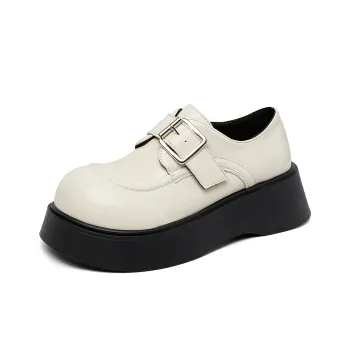 La Chapelle French Effortless Style Shiny Small Leather Shoes Loafers Women's Ecru
