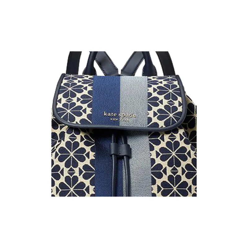 Kate Spade Spade Flower Smooth Leather Trim Jacquard Fabric Backpack Medium Size Women's Marine Blue & White-4